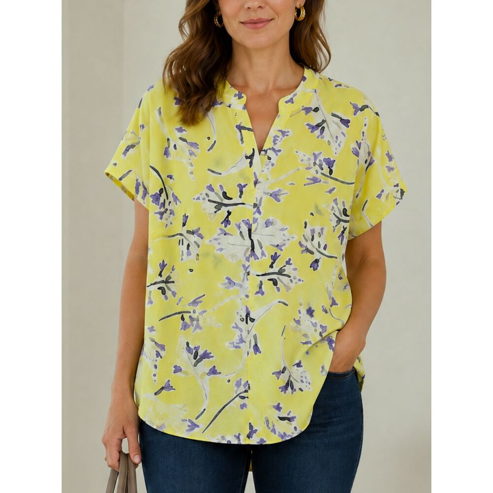 Cabi Women’s Small Yellow Floral Short Sleeve Split Neck Blouse Career Top